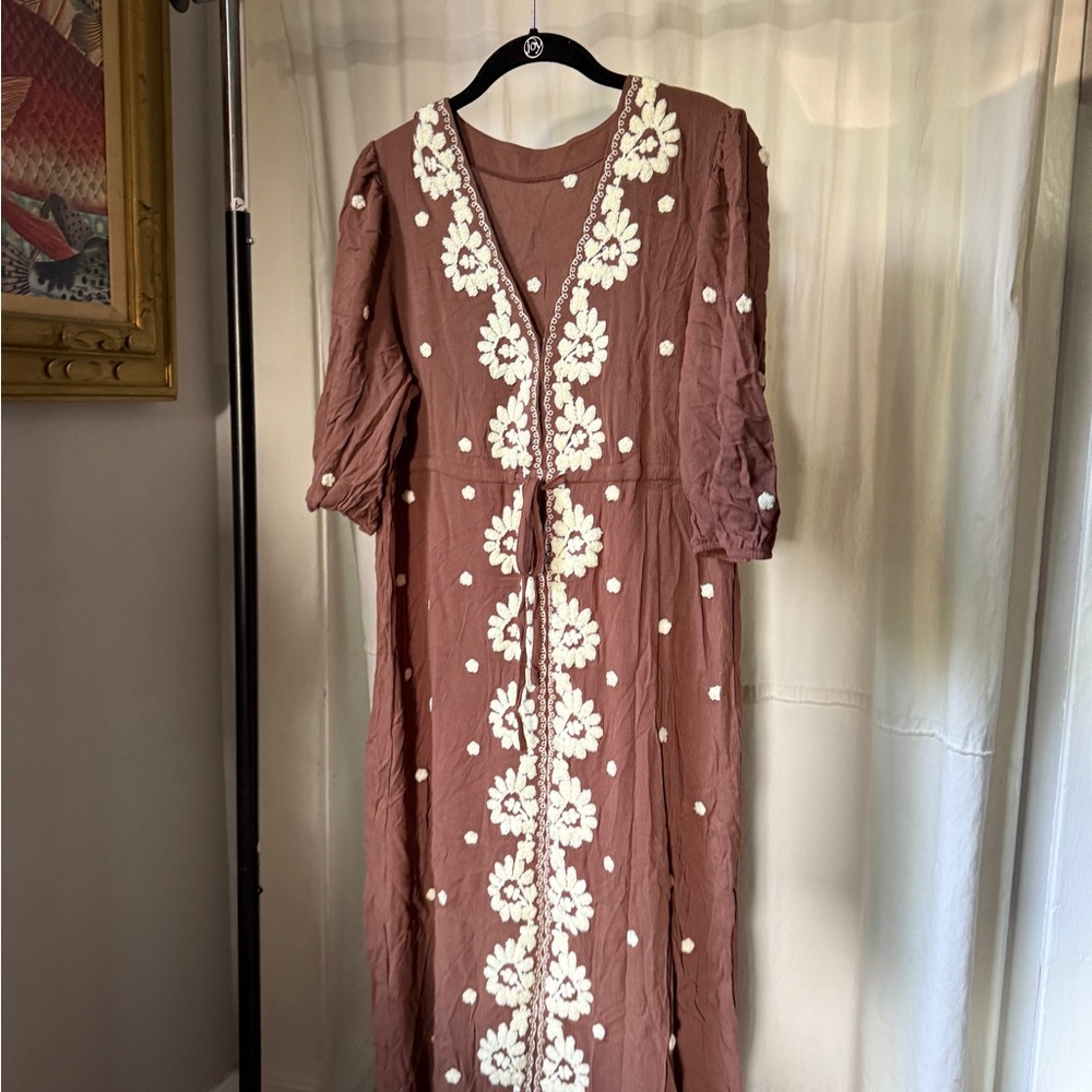 Boho Brown Floral Embroidered Dress